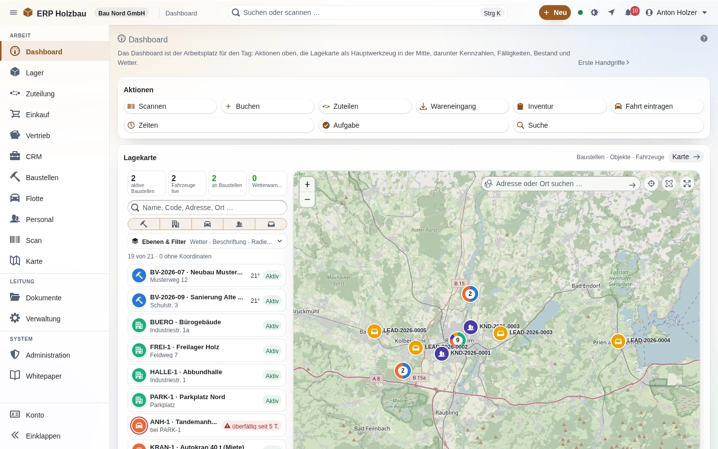 Dashboard von ERP Holzbau mit Bestand, Baustellen, Prüffristen und Karte
