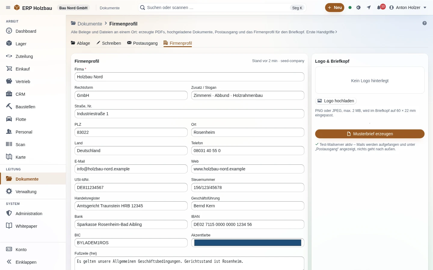 Firmenprofil für den Briefkopf: Firma, Anschrift, Steuernummern, Bank und Logo