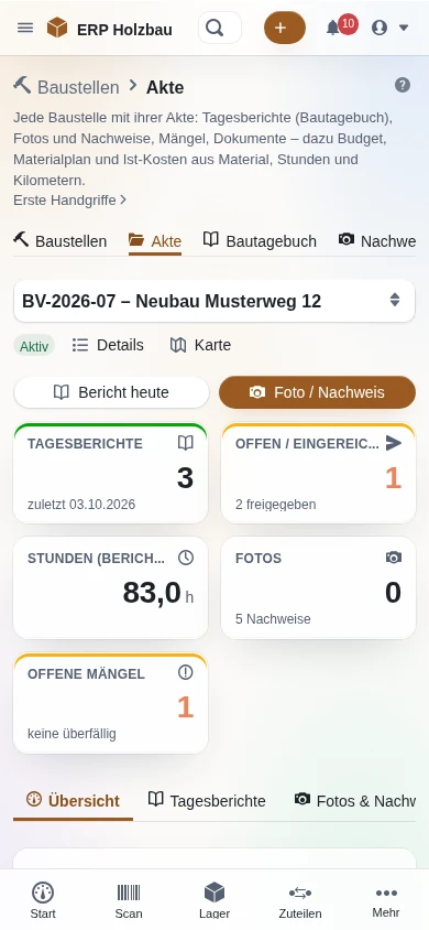 Baustellenakte auf dem Handy mit den Schaltflächen „Bericht heute“ und „Foto / Nachweis“