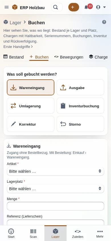 Buchen auf dem Handy: Wareneingang, Ausgabe, Umlagerung