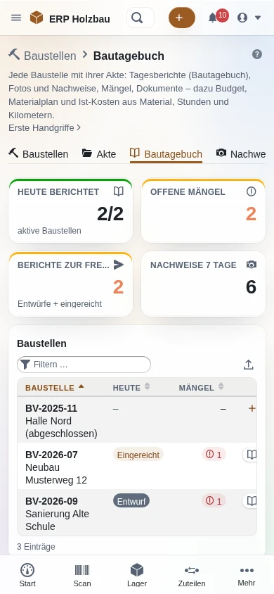 Bautagebuch auf dem Handy: welche Baustelle hat heute berichtet